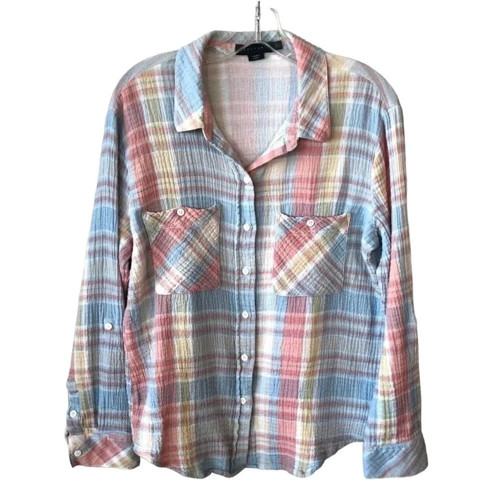 Sanctuary Tomboy Shirt M Multi Plaid Cotton Gauze Roll Tab XB0769ZD6314